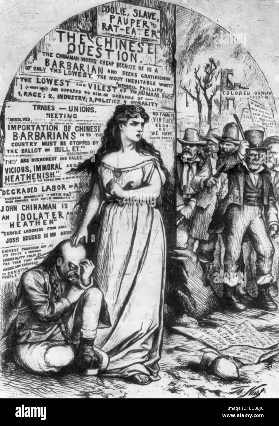 Columbia with hand on a Chinese man's head, facing an angry, armed group and saying, 'Hands Off, Gentlemen! American means fair play for all men'. Vicious quote of Wendell Philips about barbaric Chinese in background, political cartoon, circa 1871 Stock Photo