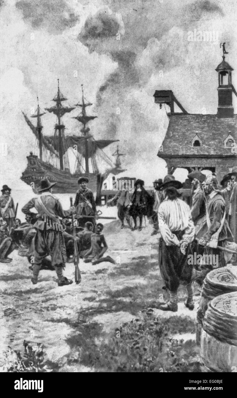 Landing Negroes at Jamestown from Dutch Man of War 1619 - 20 slaves sold to colonists Stock Photo