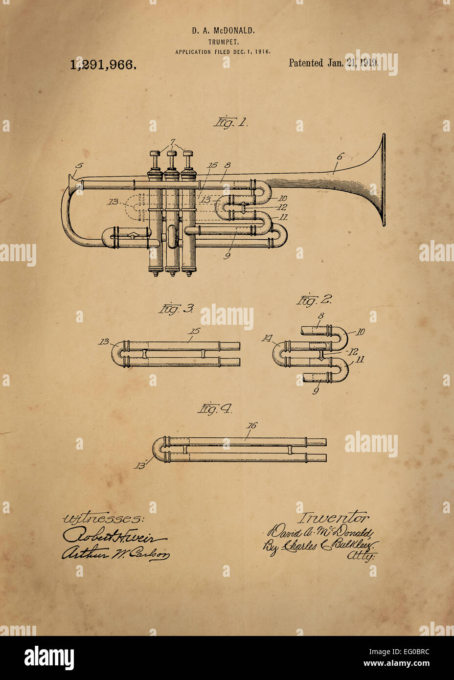 Trumpet patent from 1919 Vintage patent artwork great presentation in both corporate and personal settings ie offices/ clubs/ re Stock Photo