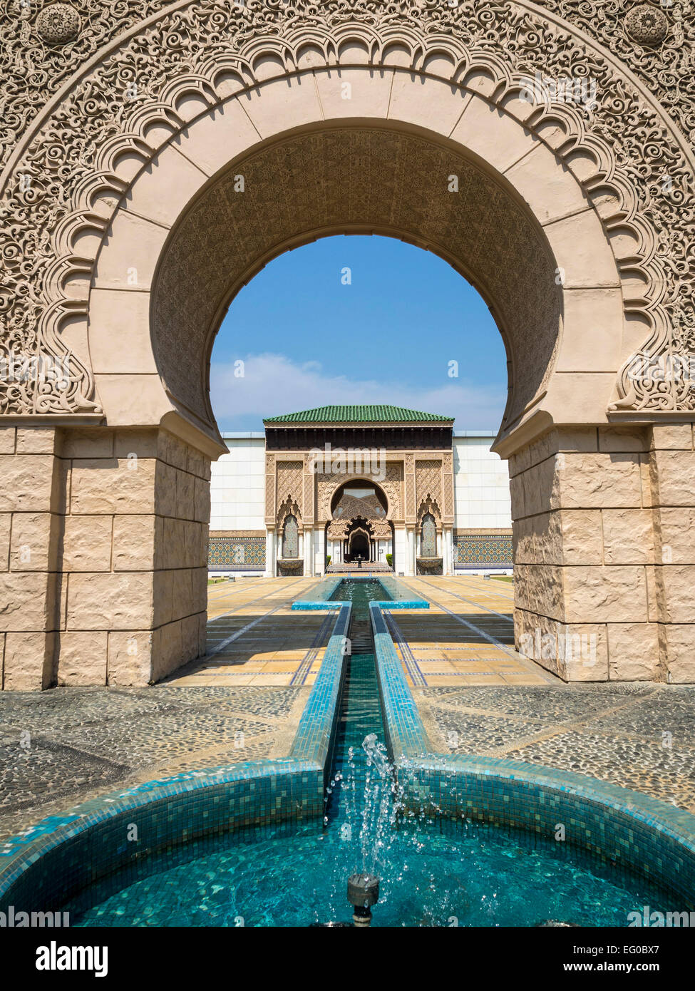 The fountain and entrance to the Moroccan Pavilion in Putrajaya ...