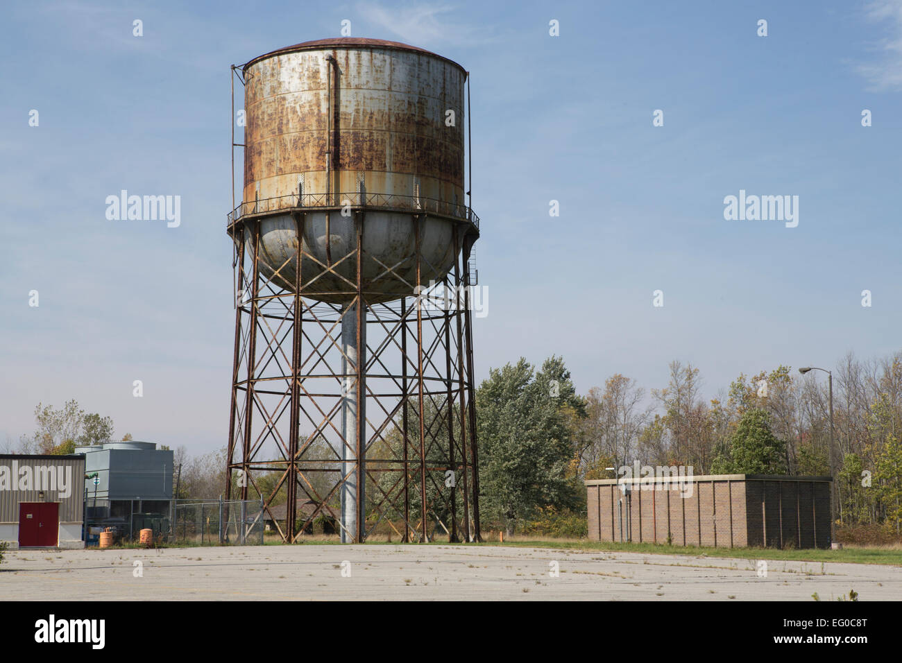 Rusting water tower at an abandoned government medical facility in Western New York State. Stock Photo