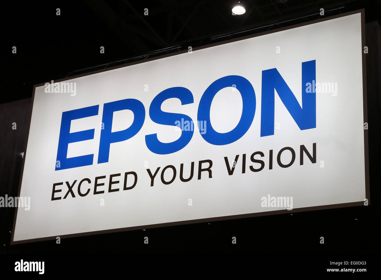 Tokyo. 12th Feb, 2015. A logo of Seiko Epson Corp. is pictured at the CP  2015 (Camera and Imaging Show) in Yokohama, south of Tokyo, February 12,  2015. The show for latest