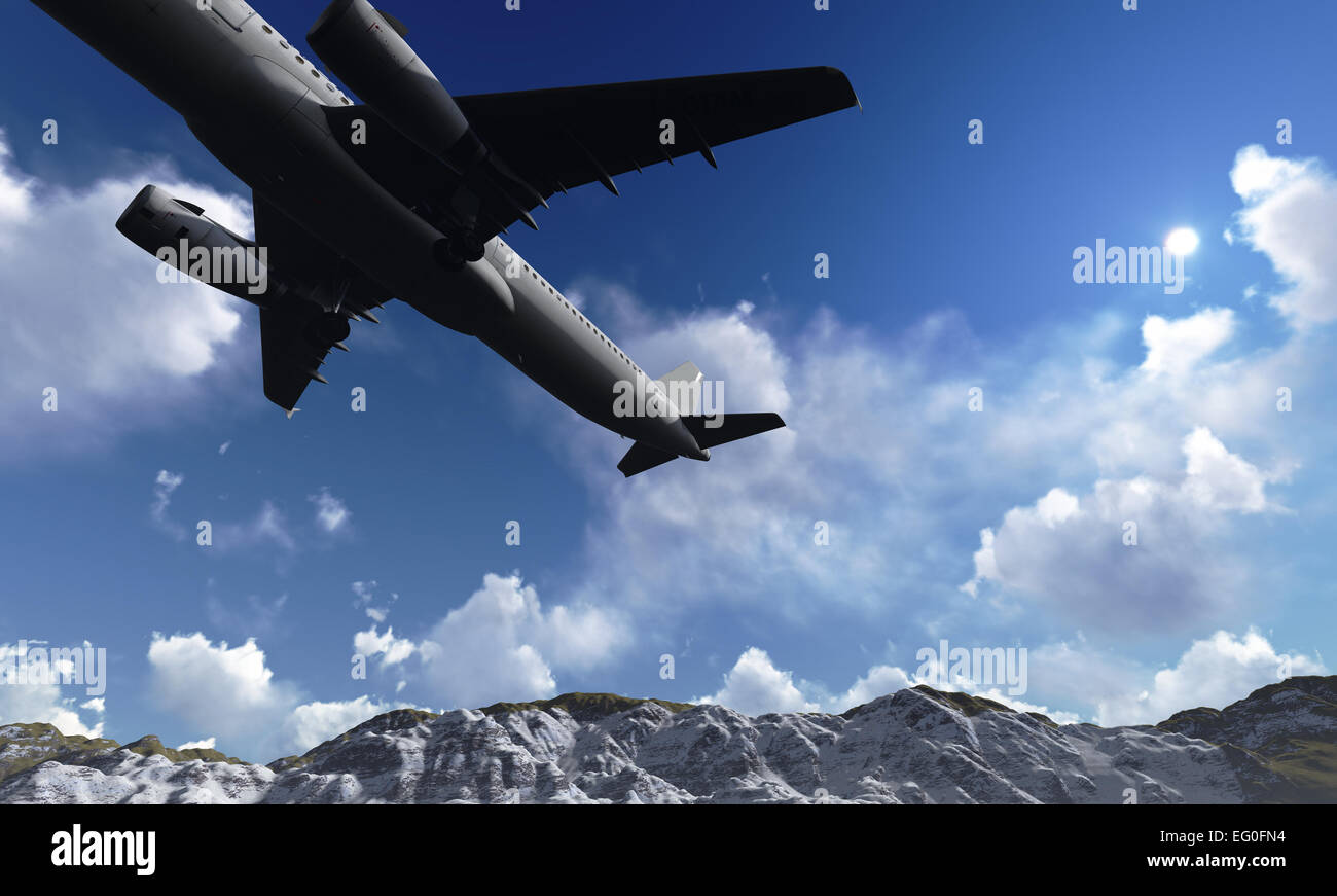 White passenger plane flying in the blue sky made in 3d software Stock ...