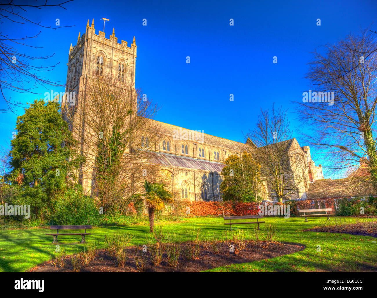 Christchurch Priory Dorset England UK 11th century Grade I listed church in town centre in colourful vivid HDR Stock Photo