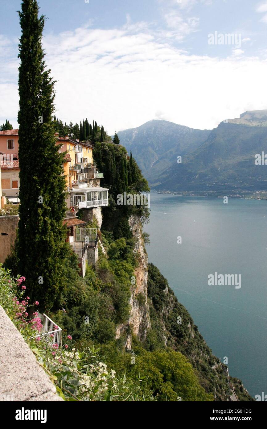 The Paradiso Hotel was built directly on a rock wall. The veranda of the restaurant hanging over the abyss. From there it goes 460 meters down into the depths. But you enjoys a fantastic view over Lake Garda. Photo: Klaus Nowottnick Date: August 28, 2014 Stock Photo