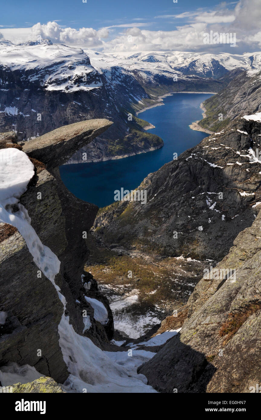 View of Trolltunga and the valley underneath from the distance, Norway Stock Photo