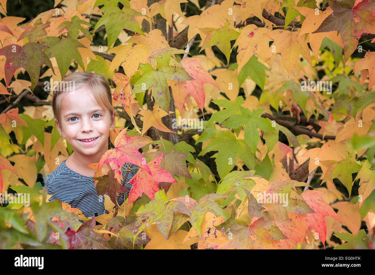 Girl standing amongst leaves Stock Photo