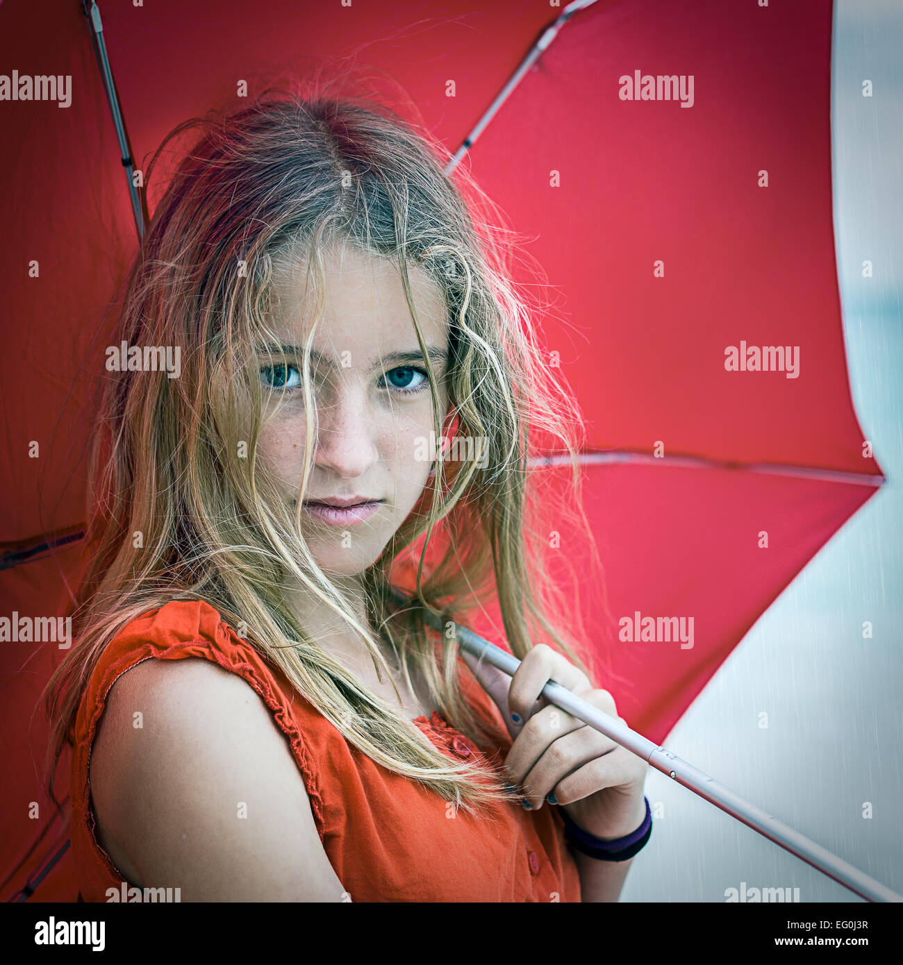 Portrait of girl with red umbrella Stock Photo Alamy