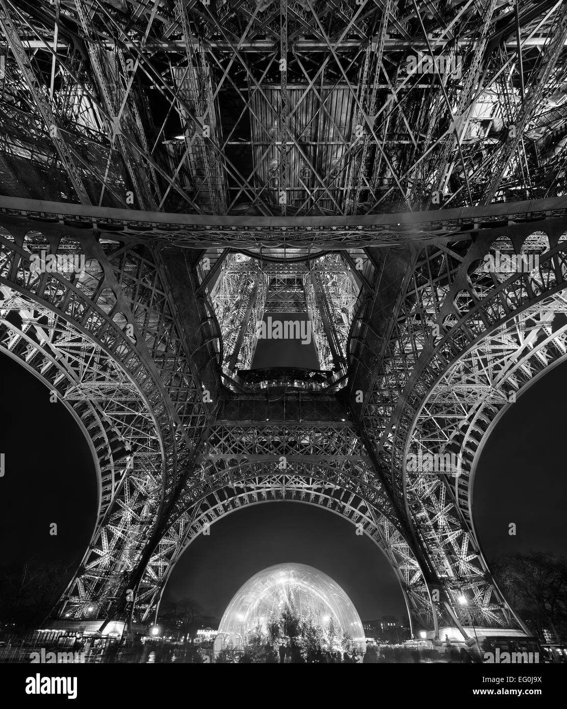 France, Paris, Upward view of Eiffel Tower at night Stock Photo