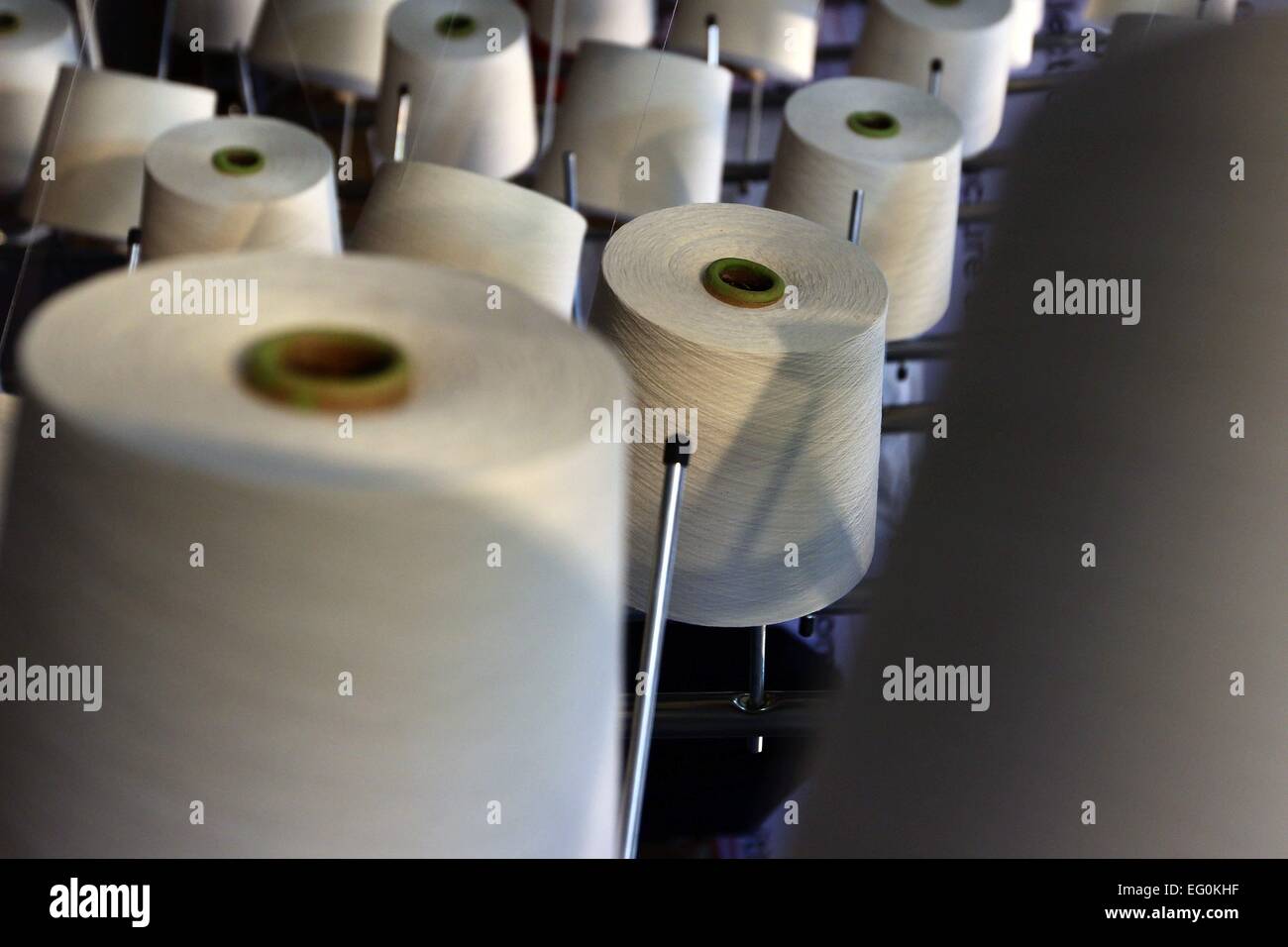 Dhaka 09 February 2015. Group of bobbin thread cones on a warping ...