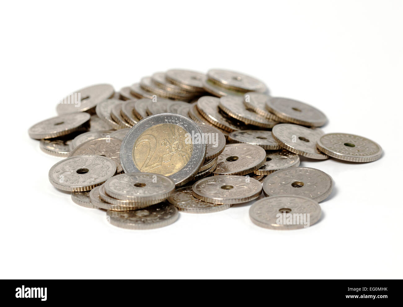 Euros balancing in the midst of Danish Kroner. A 2 Euro coin in the midst of Danish one Krone pieces on white. Stock Photo