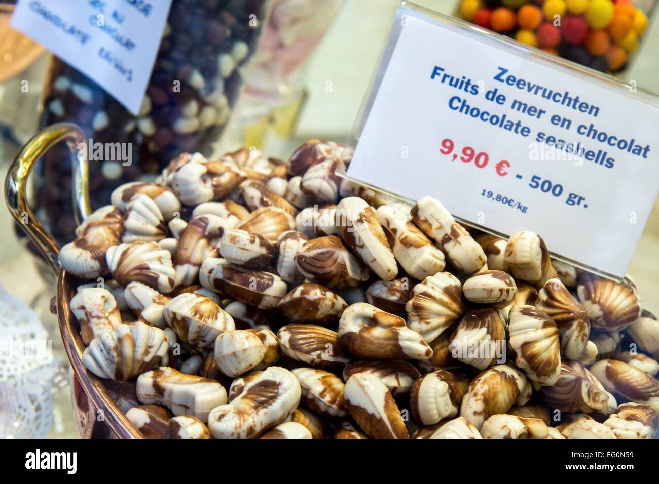 Belgium: Belgian chocolate (Fruits de mer) in confectionery shop in Bruges. Photo from 30 August 2015. Stock Photo