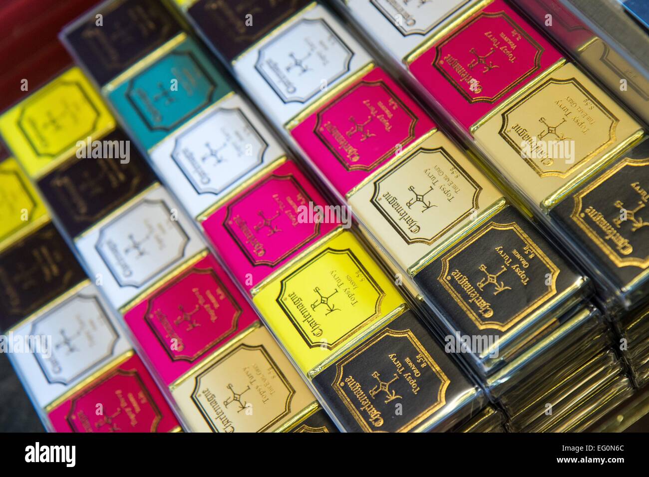 Belgium: Belgian chocolate Charlemagne in confectionery shop in Bruges. Photo from 30 August 2015. Stock Photo