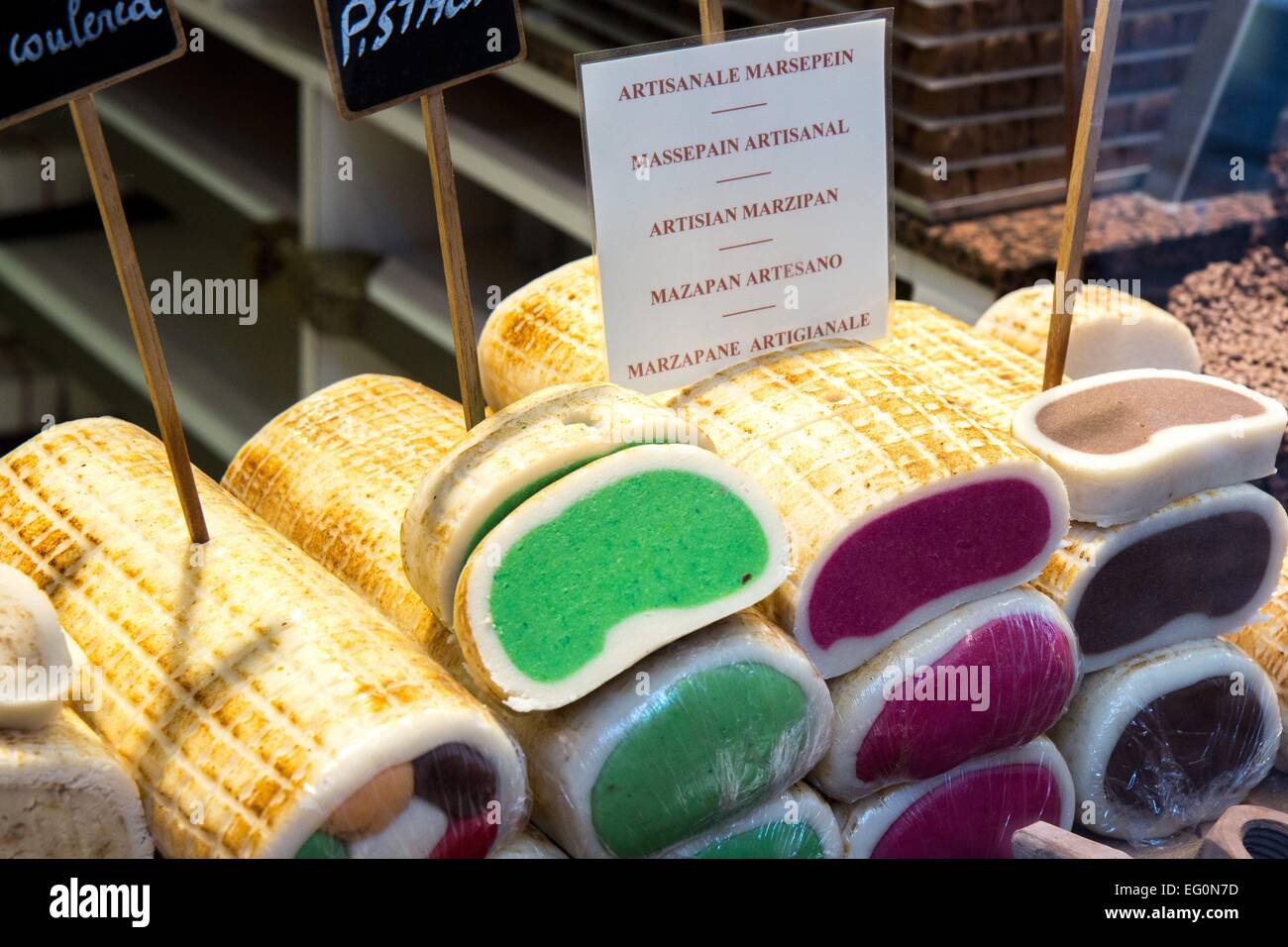 Belgium: Marzipan loaves in confectionery shop in Bruges. Photo from 30 August 2015. Stock Photo
