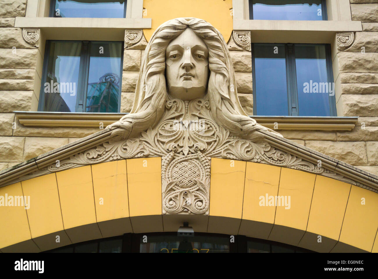Hotel and restaurant Neiburgs, Art nouveau detail, old town, Riga, Latvia, the Baltic States, Europe Stock Photo