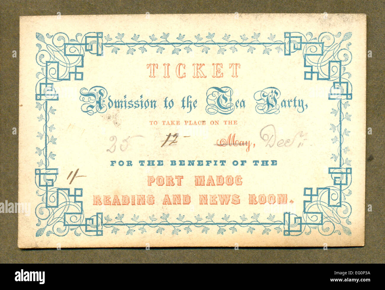 Ticket for Tea Party in aid of the Port Madoc Reading and News Room Stock Photo