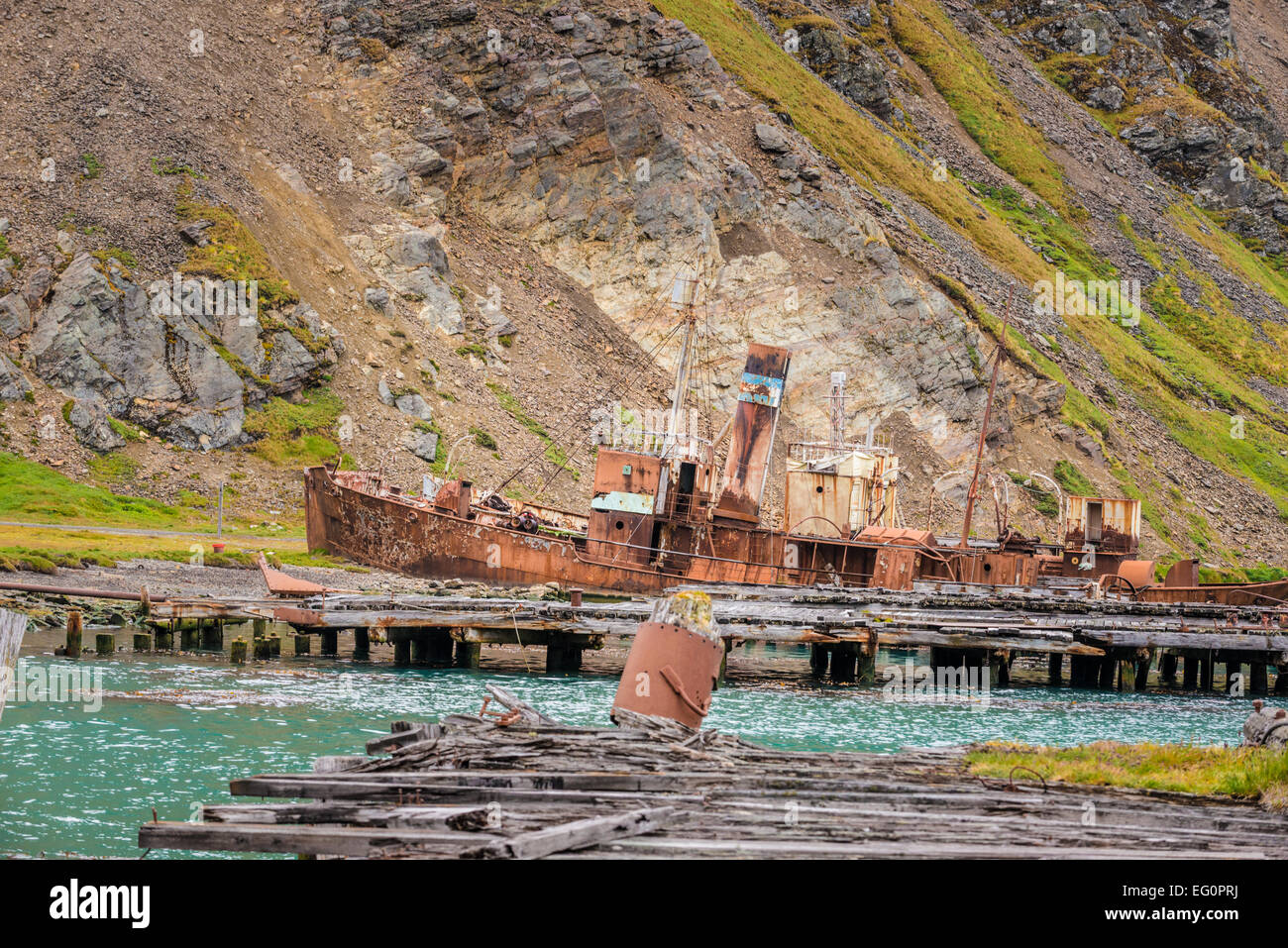 Rusting whaling vessel at Grytviken whaling station, South Georgia, Antarctica Stock Photo