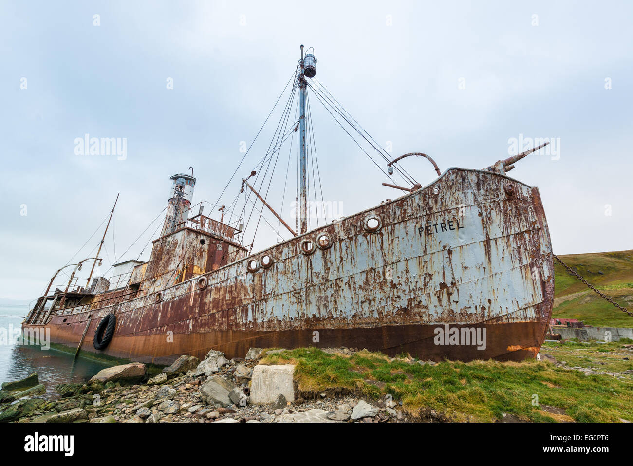 Rusting whaling vessel Petrel, grounded at Grytviken whaling station, South Georgia, Antarctica Stock Photo
