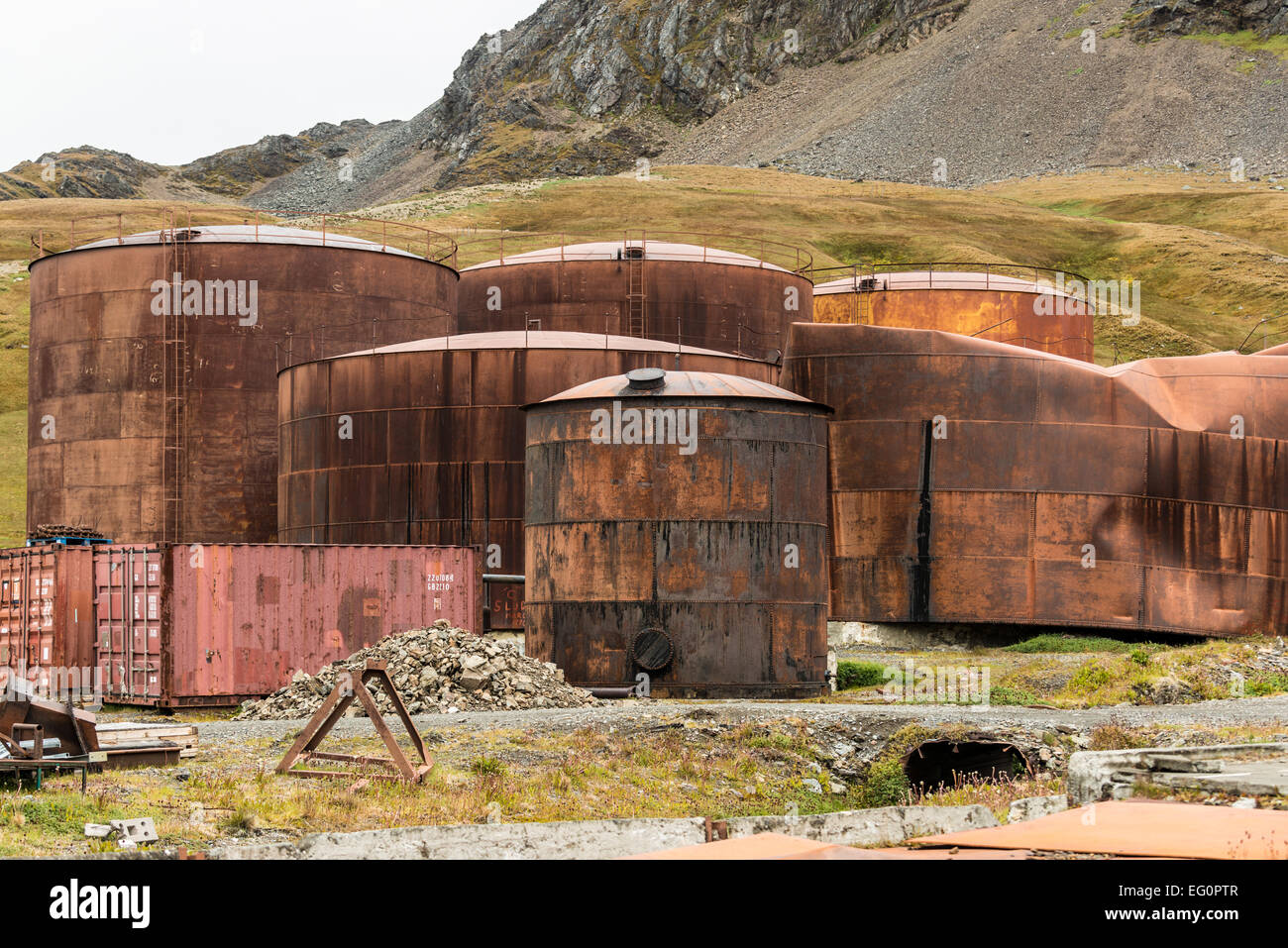 Rusting whale oil storage tanks at Grytviken whaling station, South Georgia, Antarctica Stock Photo