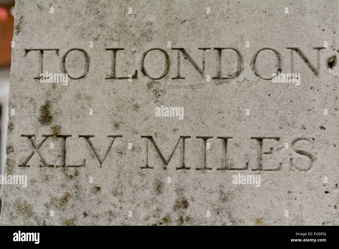 Distance to London 45 miles in Roman numerals - on statue in Ampthill, Bedfordshire, England Stock Photo