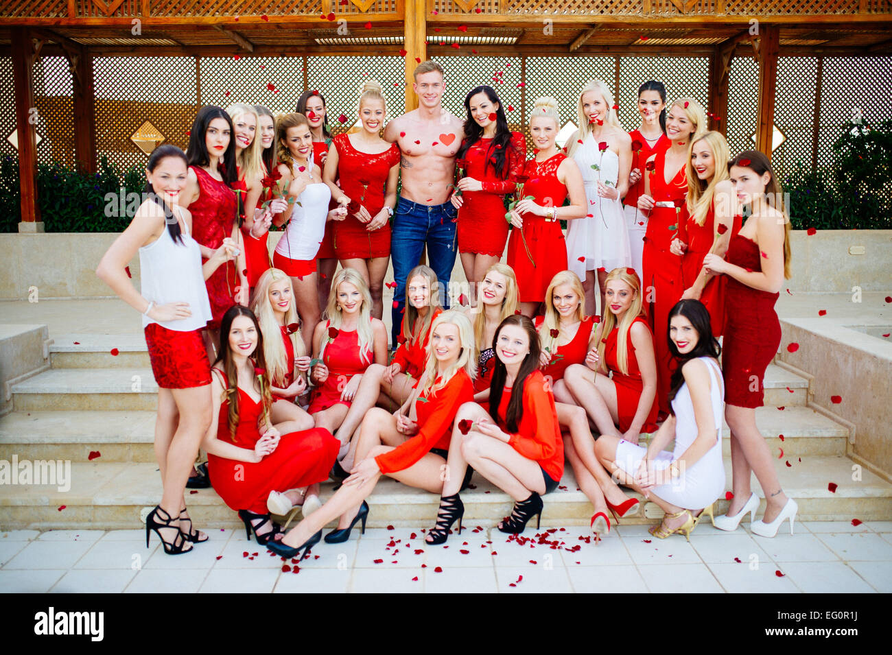 'Mister Germany 2015,' Robin Wolfinger and the 24 participants of the 'Miss Germany Camp 2015' pose on February 12, 2015 in Soma Bay (Egypt). The 'Miss Germany' election 2015 will take place in the Europa Park Rust on 28.02.2015. Photo: picture alliance Stock Photo