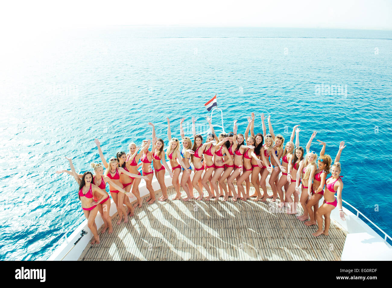 The 24 participants of the 'Miss Germany Camp 2015' pose at Soma Bay (Egypt) on a boat, on February 12, 2015 in Soma Bay (Egypt). The 'Miss Germany' election 2015 will take place in the Europa Park Rust on 28.02.2015. Photo: picture alliance/Robert Schle Stock Photo
