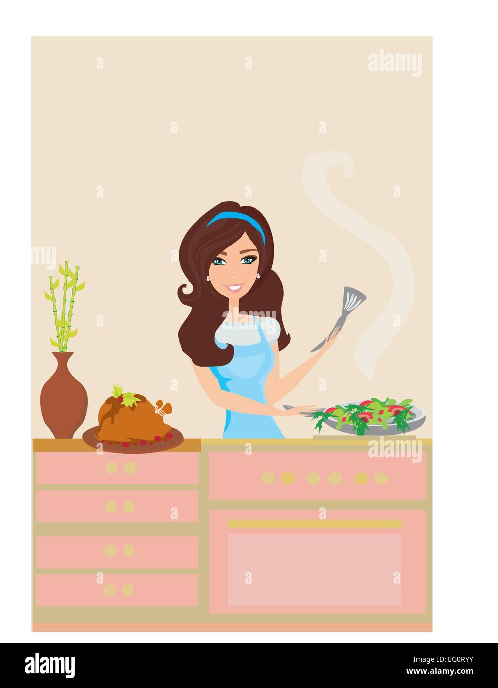 Beautiful woman frying  in kitchen Stock Vector