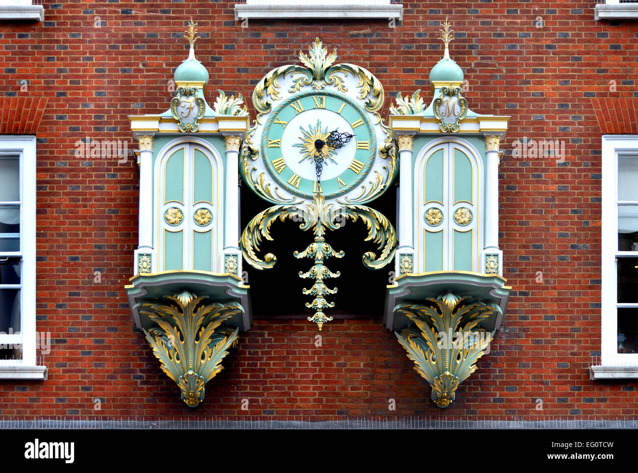 London, England, UK. Clock (1964) on the exterior of Fortnum and Mason