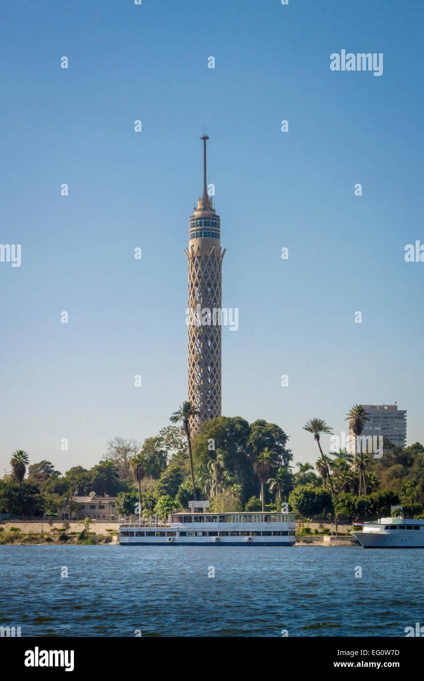 TV Tower and boats on the river nile in Cairo, Egypt Stock Photo