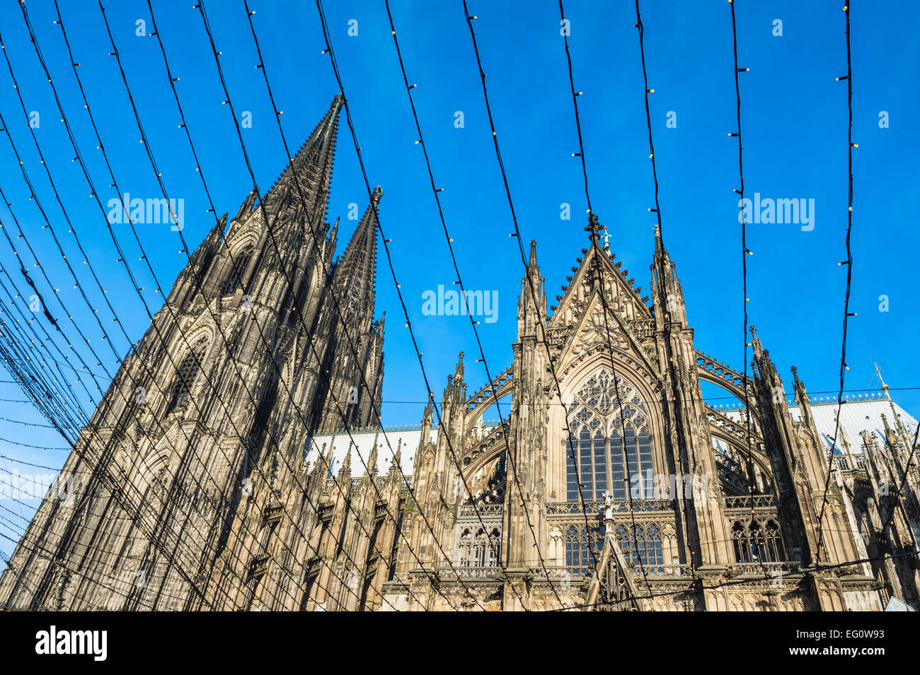 Cologne Cathedral seen through strings of lights, North Rhine Westphalia, Germany, Unesco World Heritage Site Stock Photo