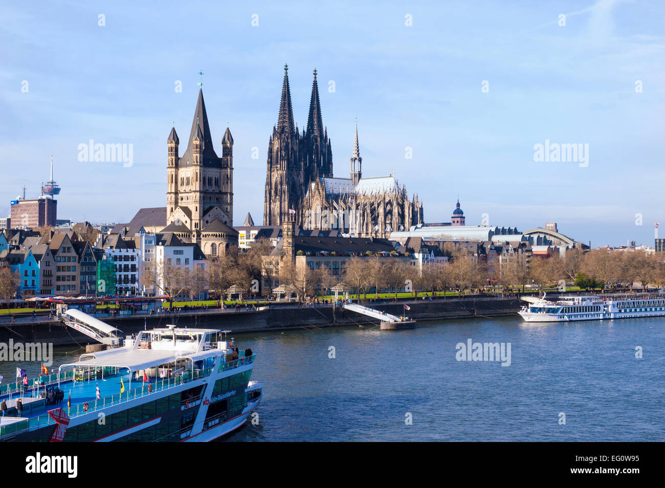 Great Saint Martin Church and Cologne Cathedral, North Rhine Westphalia, Germany Stock Photo