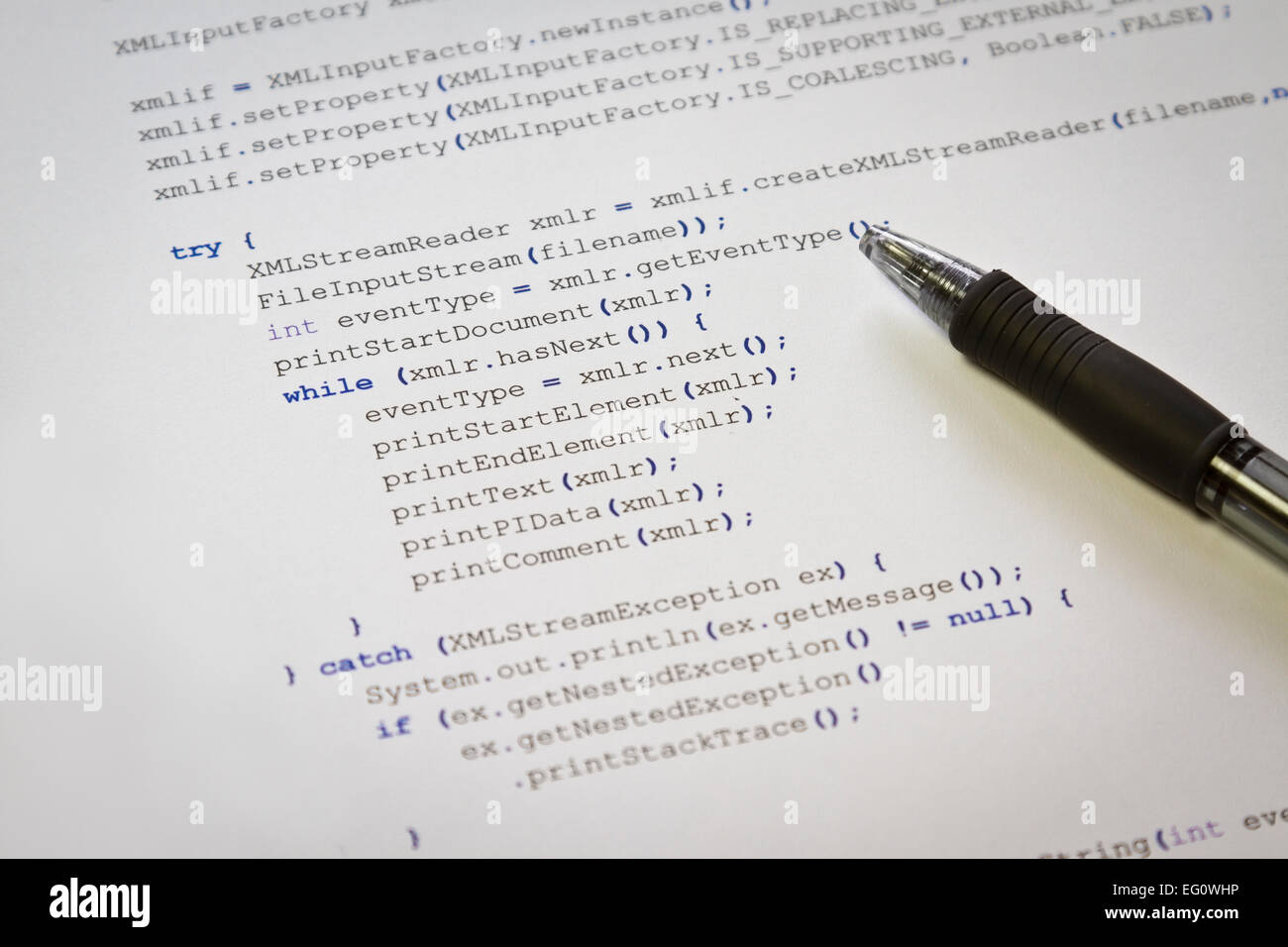 A programmerg with Java computer code. Software / application program code. XML parser. Stock Photo