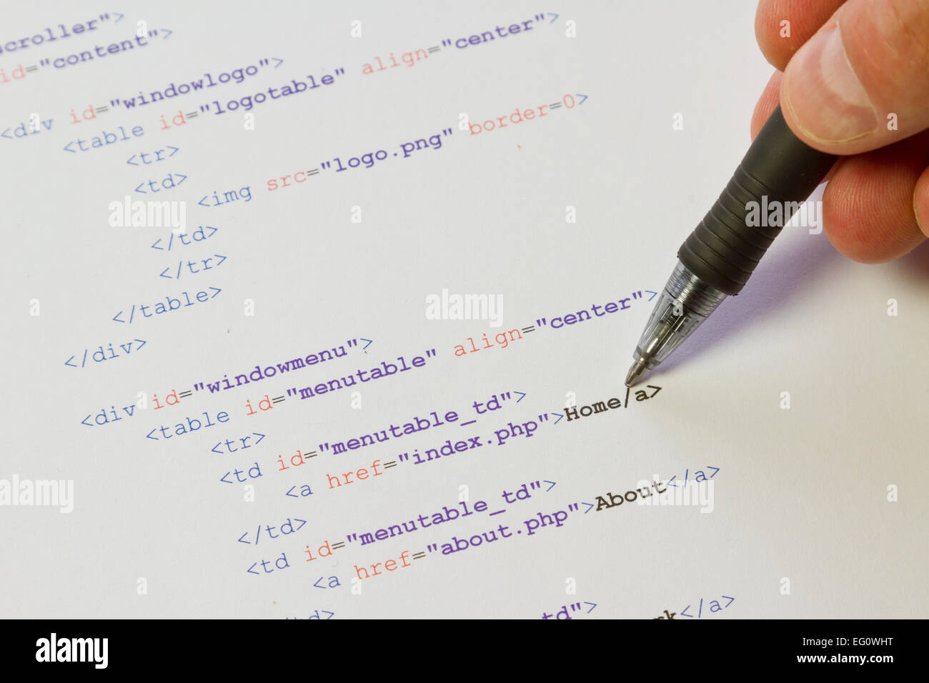 A programmer / man pointing with his pen at HTML code for a web page ...