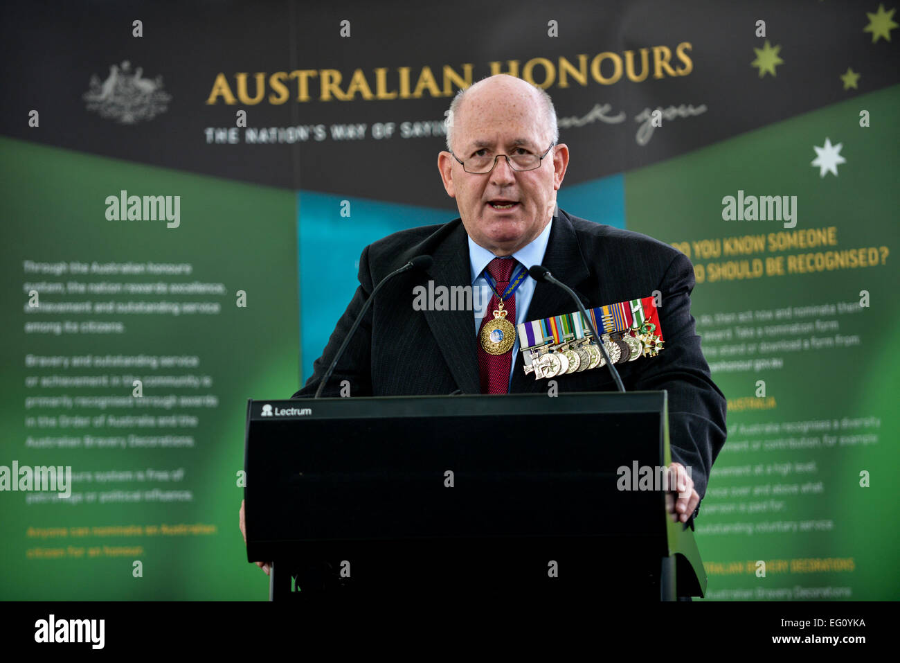Canberra, Australia. 13th Feb, 2015. Australian Governor-General Peter Cosgrove speaks at the ceremony to mark the 40th anniversary of Australian Honours system at the Government House in Canberra, Australia, Feb. 13, 2015. © Justin Qian/Xinhua/Alamy Live News Stock Photo