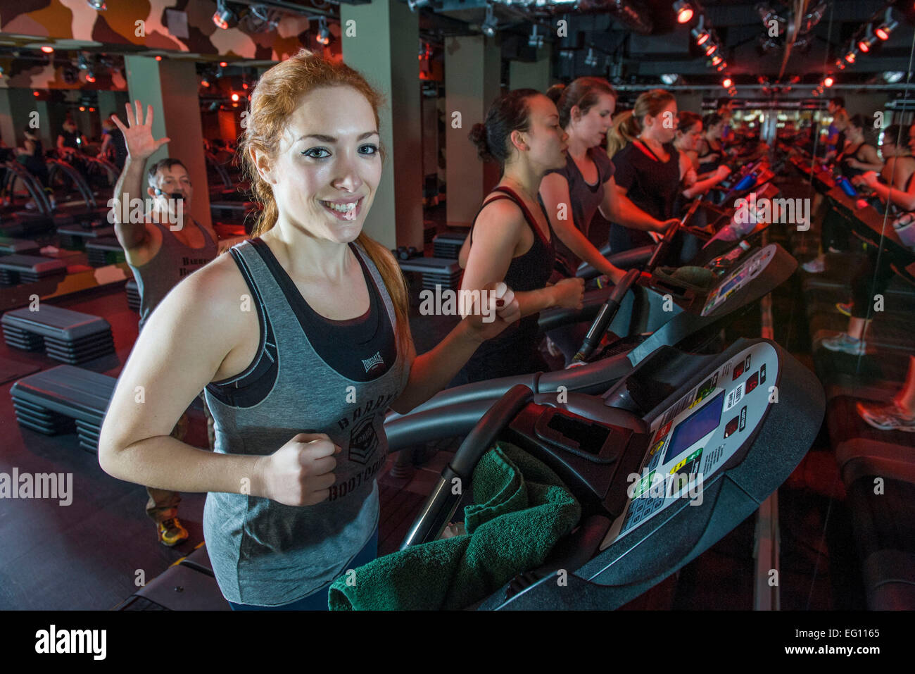 running machine Barry's Bootcamp fitness London Euston Stock Photo