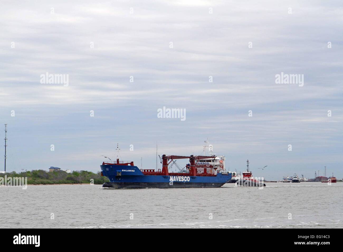 Blue ship at Galveston, Texas Stock Photo