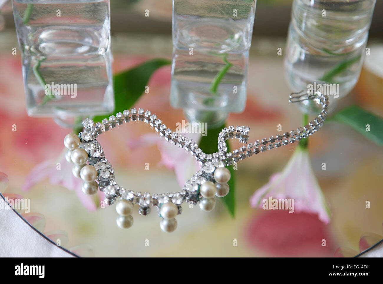 diamond and pearl  necklace on a vanity Stock Photo