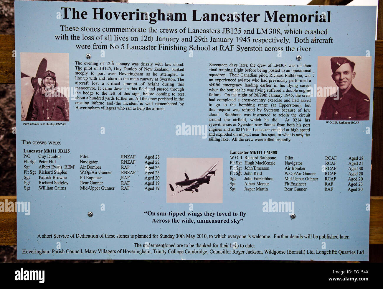 The sign marks where the debris of two World War 2 Lancaster bombers was unearthed on land at  Hoveringham Hall, Notts Stock Photo