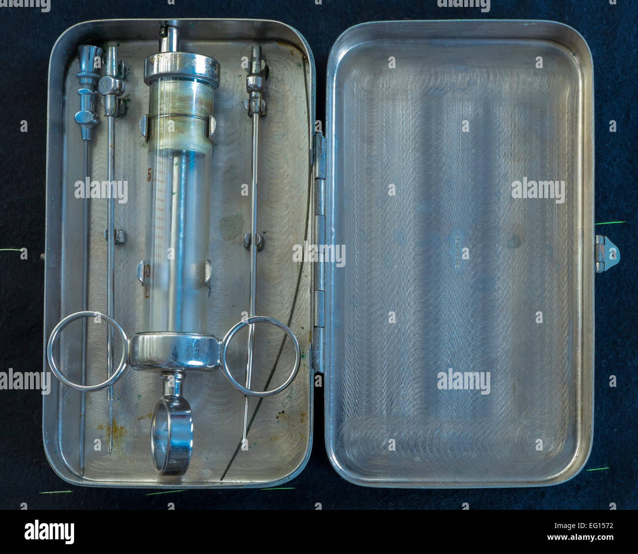 Old syringe and needles in a metal case Stock Photo
