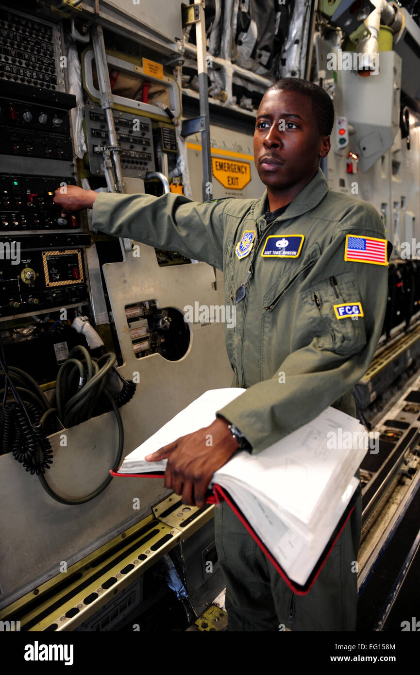 U.S. Air Force Staff Sgt. Tony Johnson, a flying crew chief with the 437th Aircraft Maintenance Squadron, checks the hydraulic system before take-off  onboard a C17 Globemaster III at Charleston Air Force Base, S.C., Jan. 25, 2010. Cargo aircraft are being staged and prepared to provide transportation for various supplies in support of Operation Unified Response in Haiti.  Staff Sgt. Ali E. Flisek/Not Reviewed Stock Photo