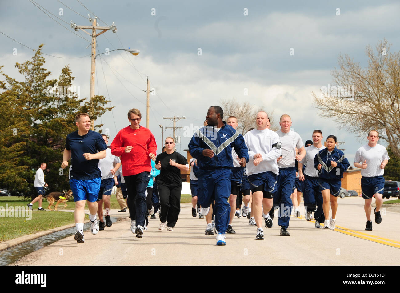 ELLSWORTH AIR FORCE BASE, S.D. -- Airmen from across the base compete in a 5K run during National Police Week, May 13.  The 5K run started at the Bellamy Fitness Center, looped around the 28th Security Forces Squadron firing range and back.  Airman 1st Class Anthony Sanchelli Stock Photo