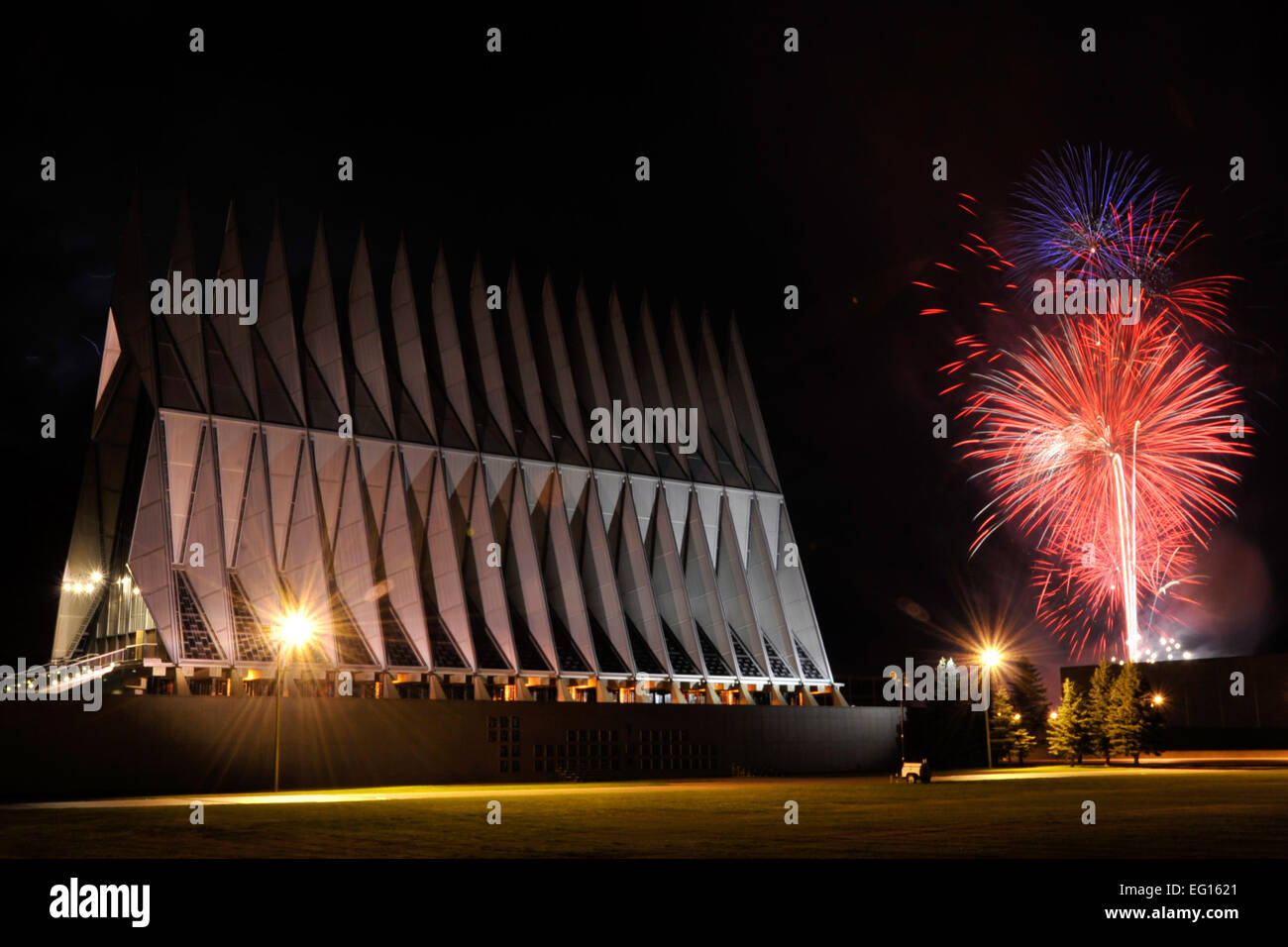 Fireworks explode beyond the Cadet Chapel as thousands braved severe