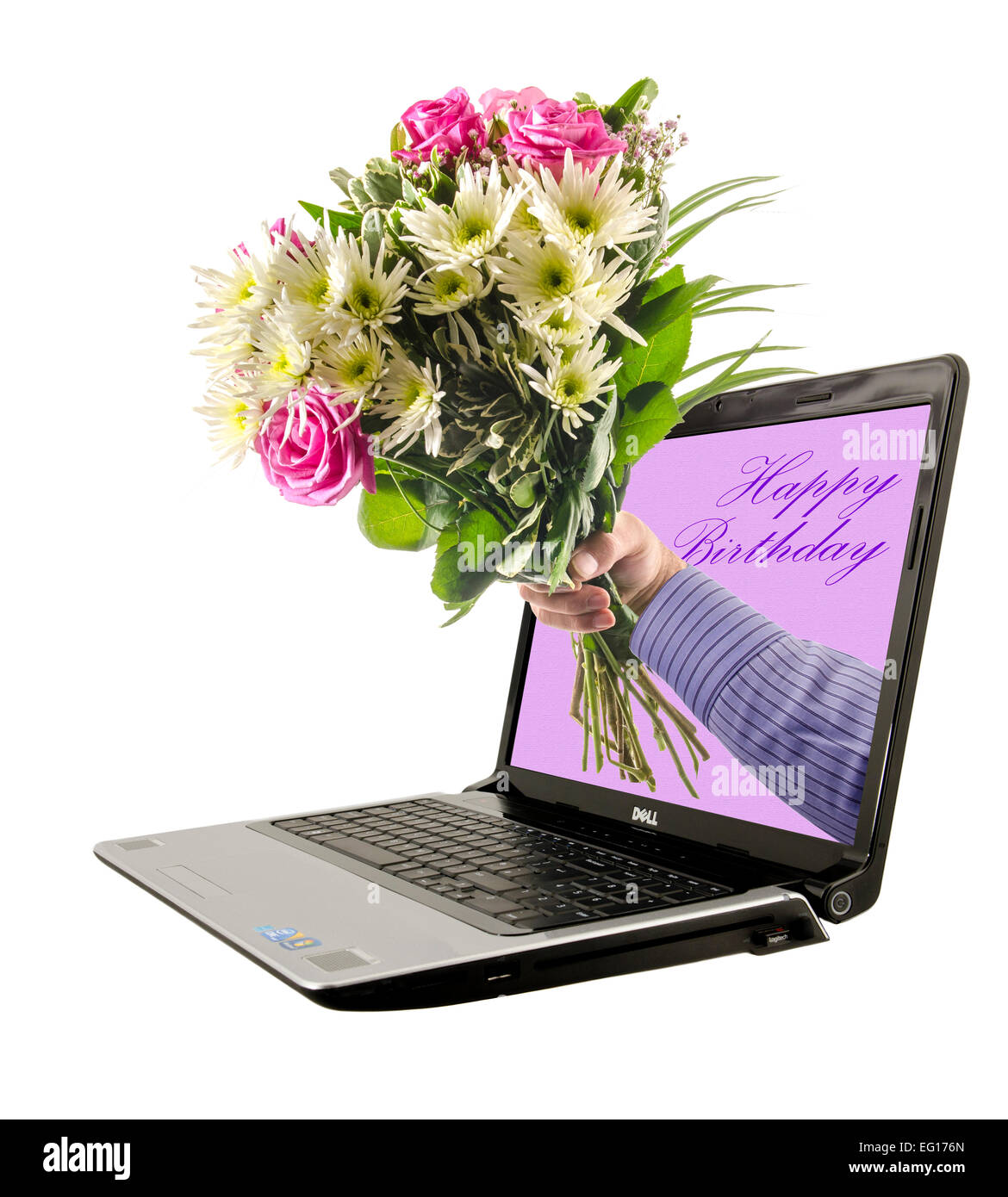 concept image of sending birthday flowers online Stock Photo
