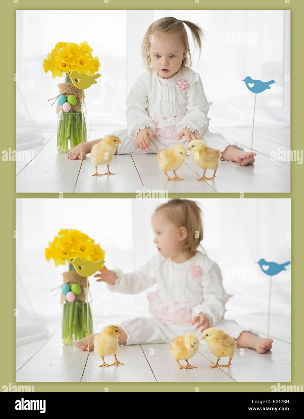 collage of photos of the girl with Down syndrome and chickens Stock Photo