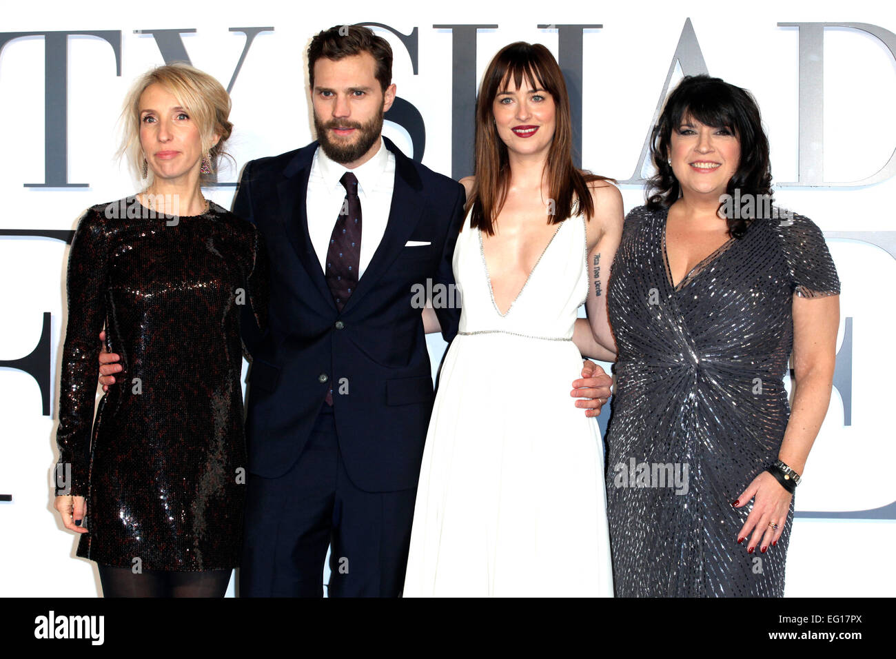 London, UK. 12th Feb, 2015. Sam Taylor-Johnson, Jamie Dornan, Dakota Johnson and E L James arriving for the Fifty Shades of Grey UK Premiere, at Odeon Leicester Square, London. Credit:  dpa picture alliance/Alamy Live News Stock Photo