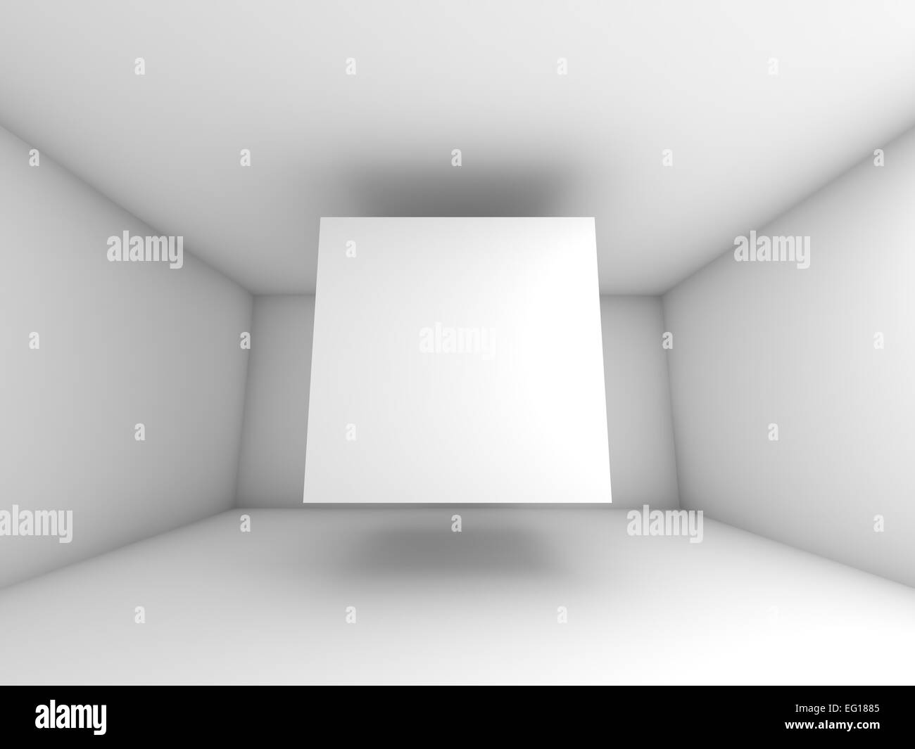 Abstract white room interior with flying cube. 3d background illustration Stock Photo