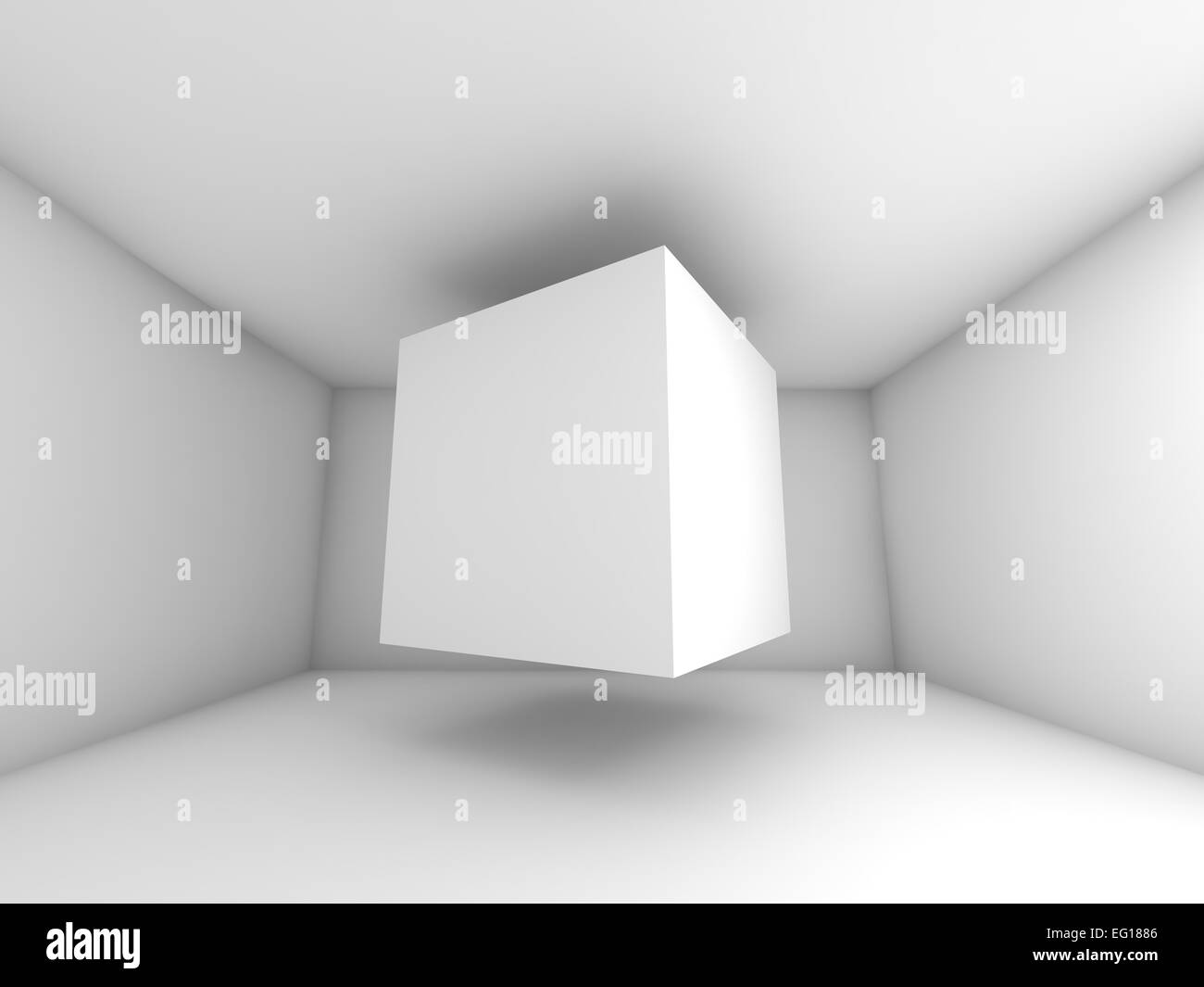 Abstract white room interior. 3d background illustration with flying cube Stock Photo
