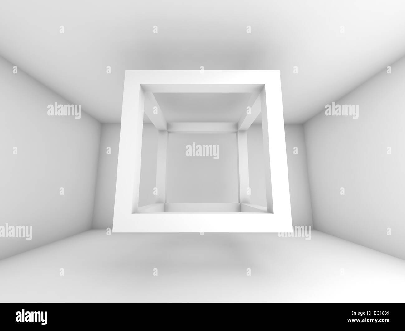 Abstract white room interior. 3d background illustration with flying empty beam cube structure Stock Photo
