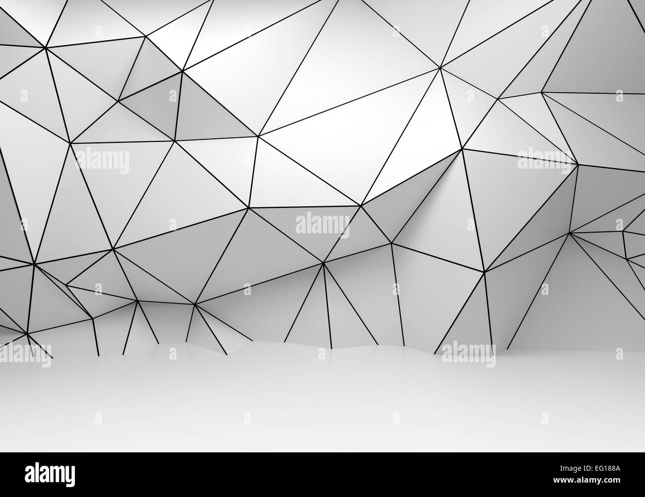 Abstract white 3d interior, polygonal wireframe relief pattern on the wall Stock Photo