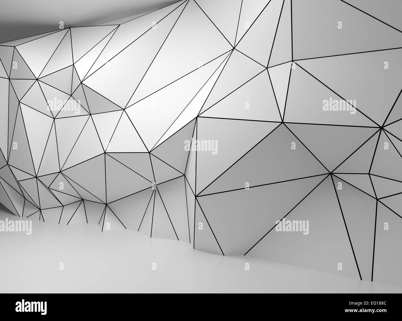 Abstract white 3d interior with polygonal wireframe relief pattern on the wall Stock Photo